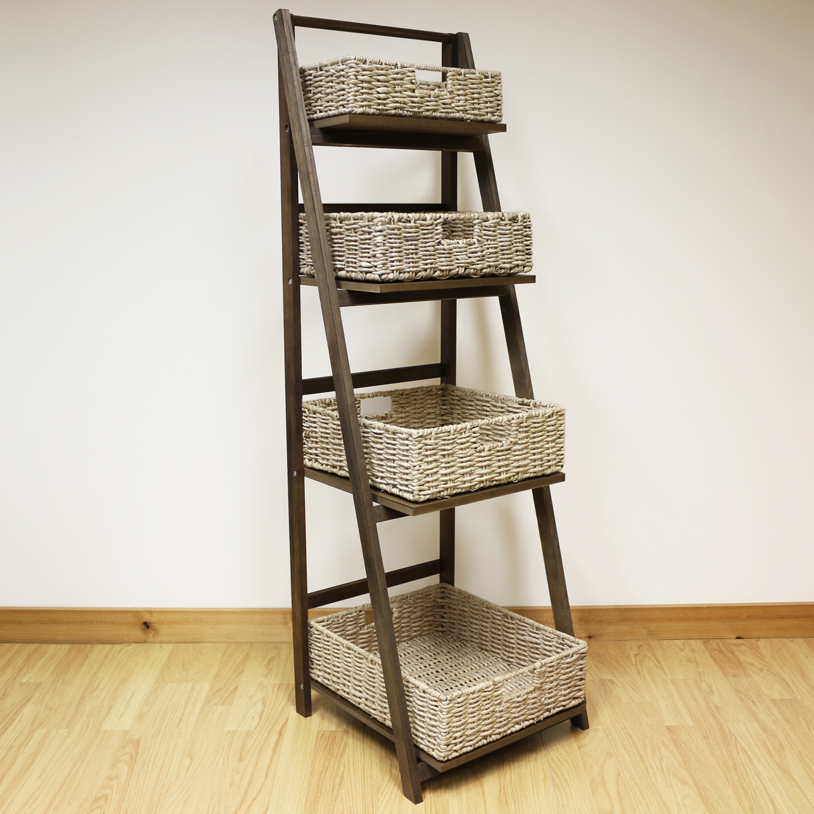 Dark Brown 4 Tier Wooden Ladder Shelf Display Unit & Light Wicker